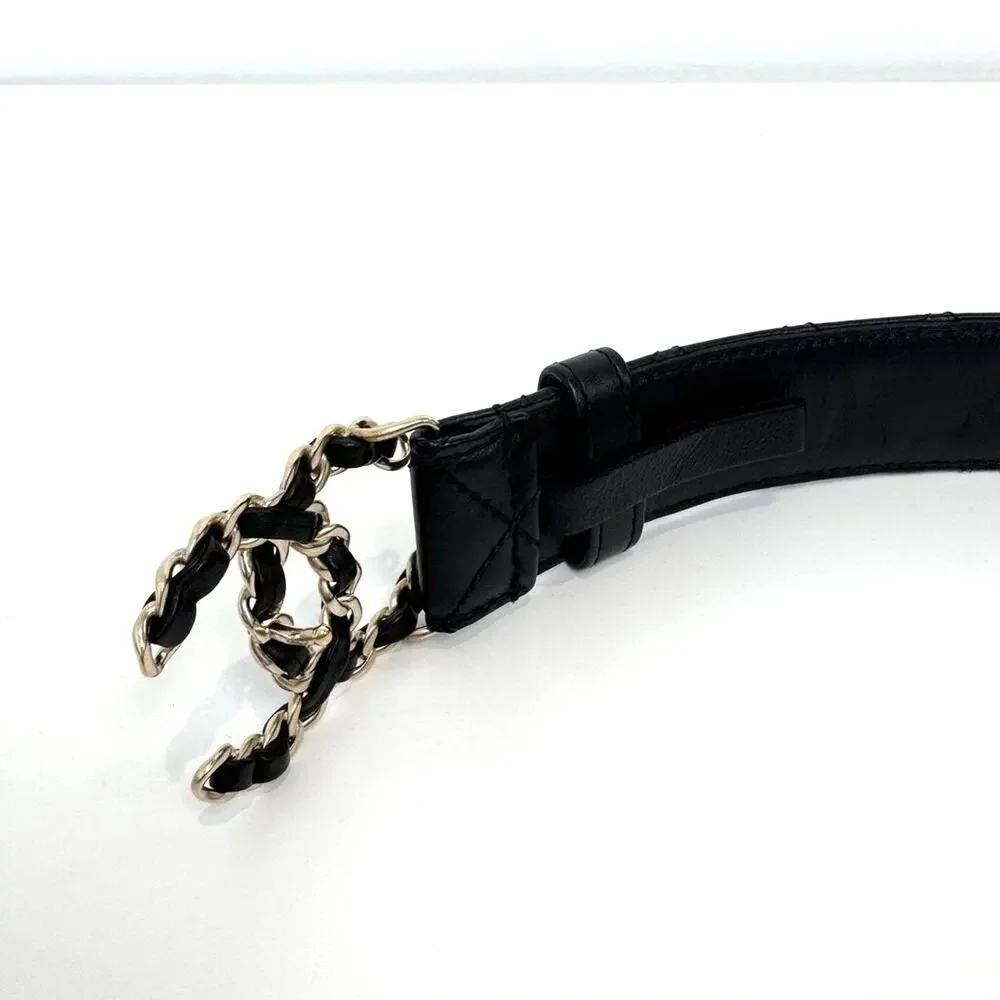CHANEL Quilted Black Lambskin Leather Belt 90 CC Chain 19 Logo Gold Buckle 36